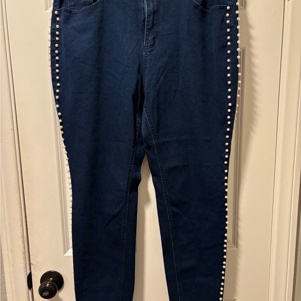 Ashley Stewart Navy Skinny Jeans with Pearl Accents